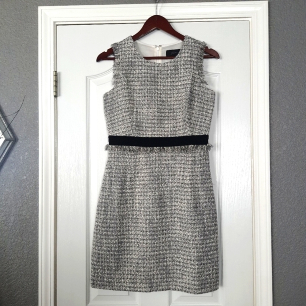 J.Crew Metallic Tweed Fringe Sheath Dress Womens 6P Velvet Trim